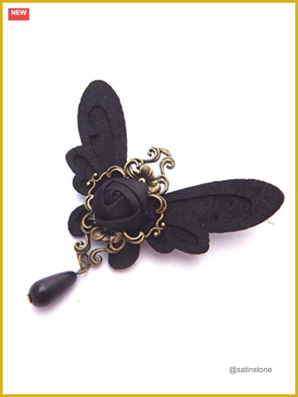 Handmade Felt Fairy Wings Gothic Brooch Pin with Bronze, Satin Rose, and Bead